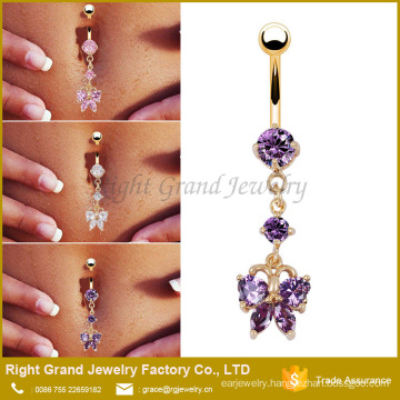 14K Gold Plated Butterfly Cubic Zirconia Piercing Jewelry Belly Button Rings